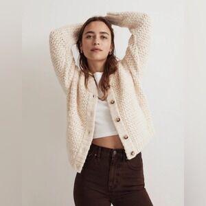 Madewell Wool Bomber Cardigan Sweater Chunky Knit Cream Fisherman $148 NWT XXS